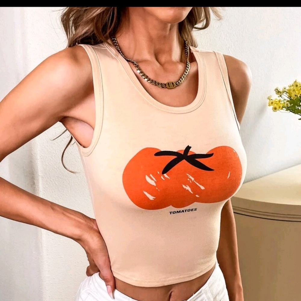 New Super Cute Orange Crop Tank Top W/ Bright Orange Tomato Summer Graphic XL - Picture 3 of 8
